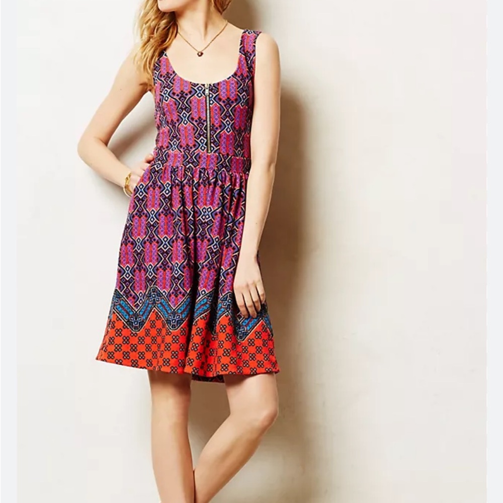 Anthropologie Meave bright colored pattern skater skirt style dress